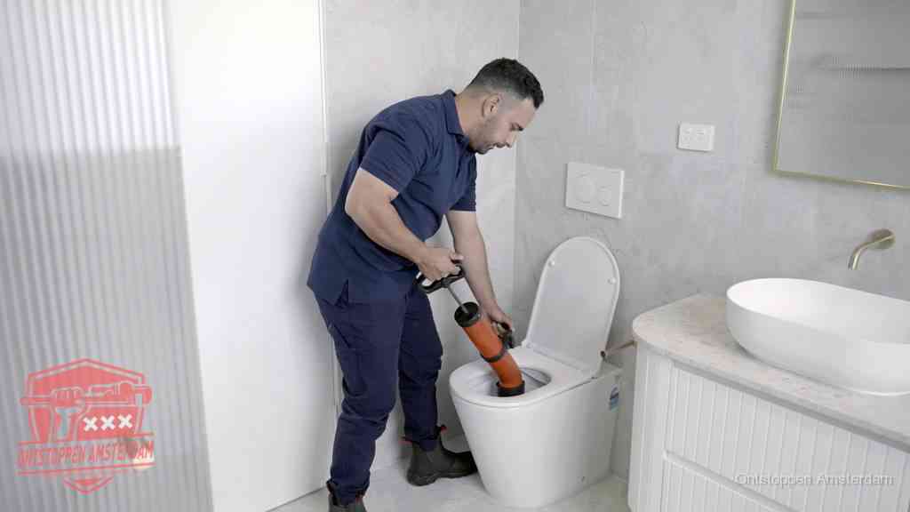 Een monteur buigt over een wandcloset en duwt met de hand een persluchtontstopper in de toiletpot om de verstopping handmatig los te maken in Amsterdam