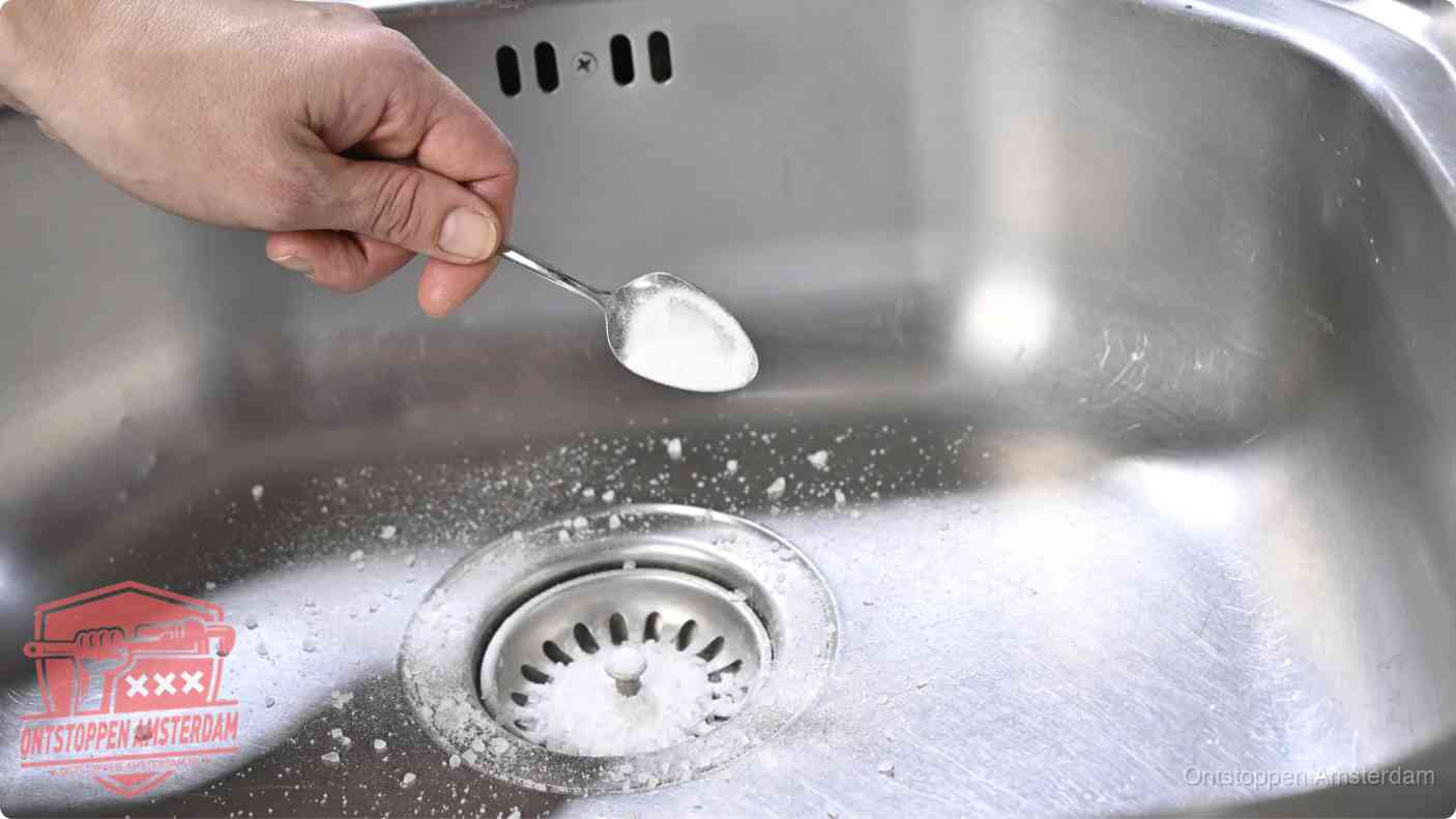 Een hand strooit met een lepel soda in een afvoerputje, de soda en azijn huismiddel-methode om de wc te ontstoppen in Amsterdam